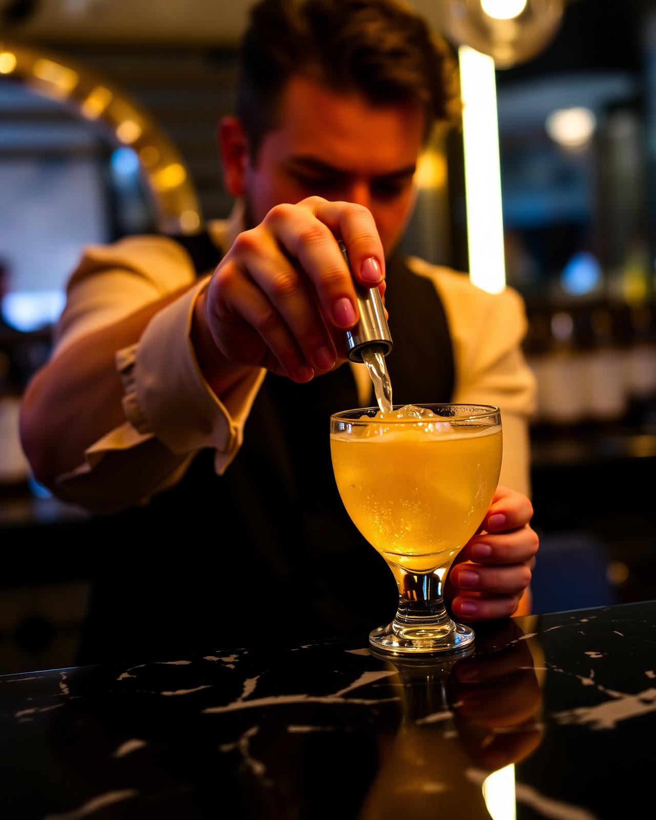 Macro d'un cocktail signature au bar, glace claire et zeste