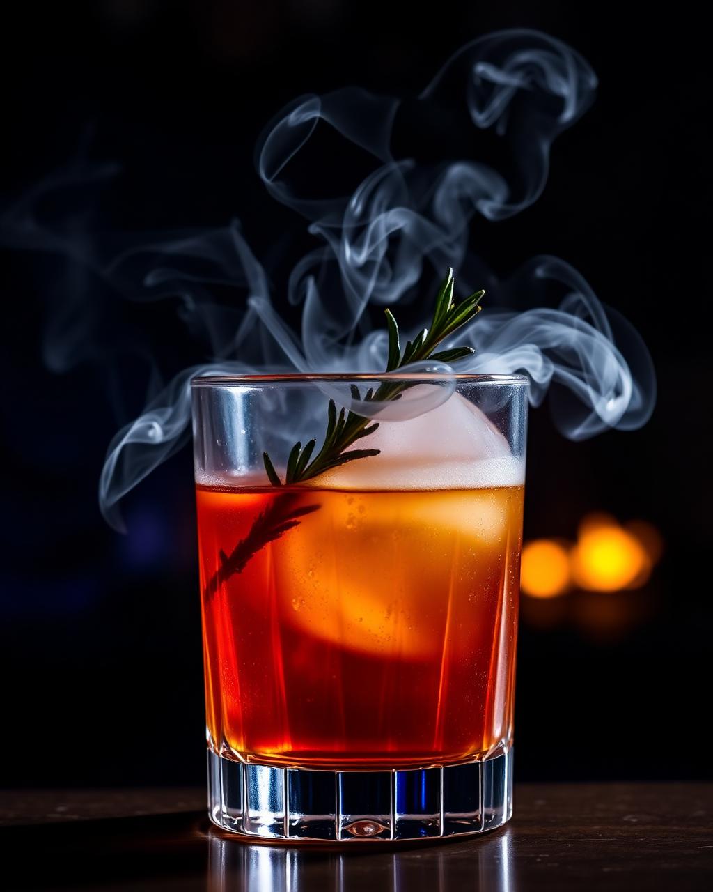 Golden Hour — Bourbon, pêche grillée, citron, bitters.