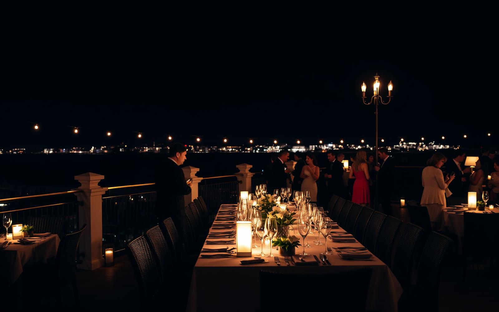 Grande table dressée pour un groupe sur la terrasse