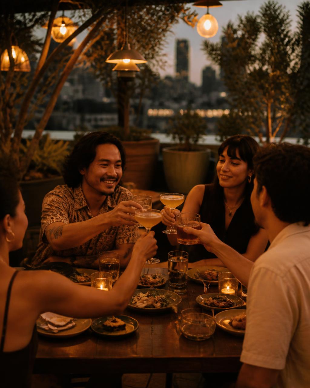 Groupe d'amis trinquant avec des cocktails sur la terrasse