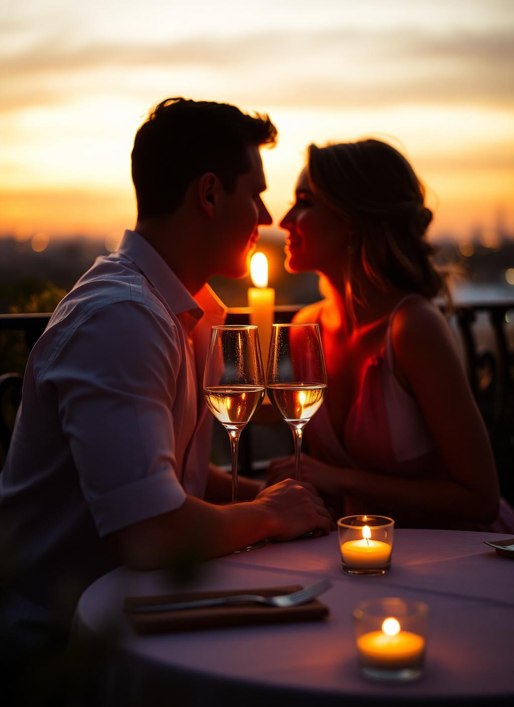 Couple attablé sur la terrasse à la lumière du soir