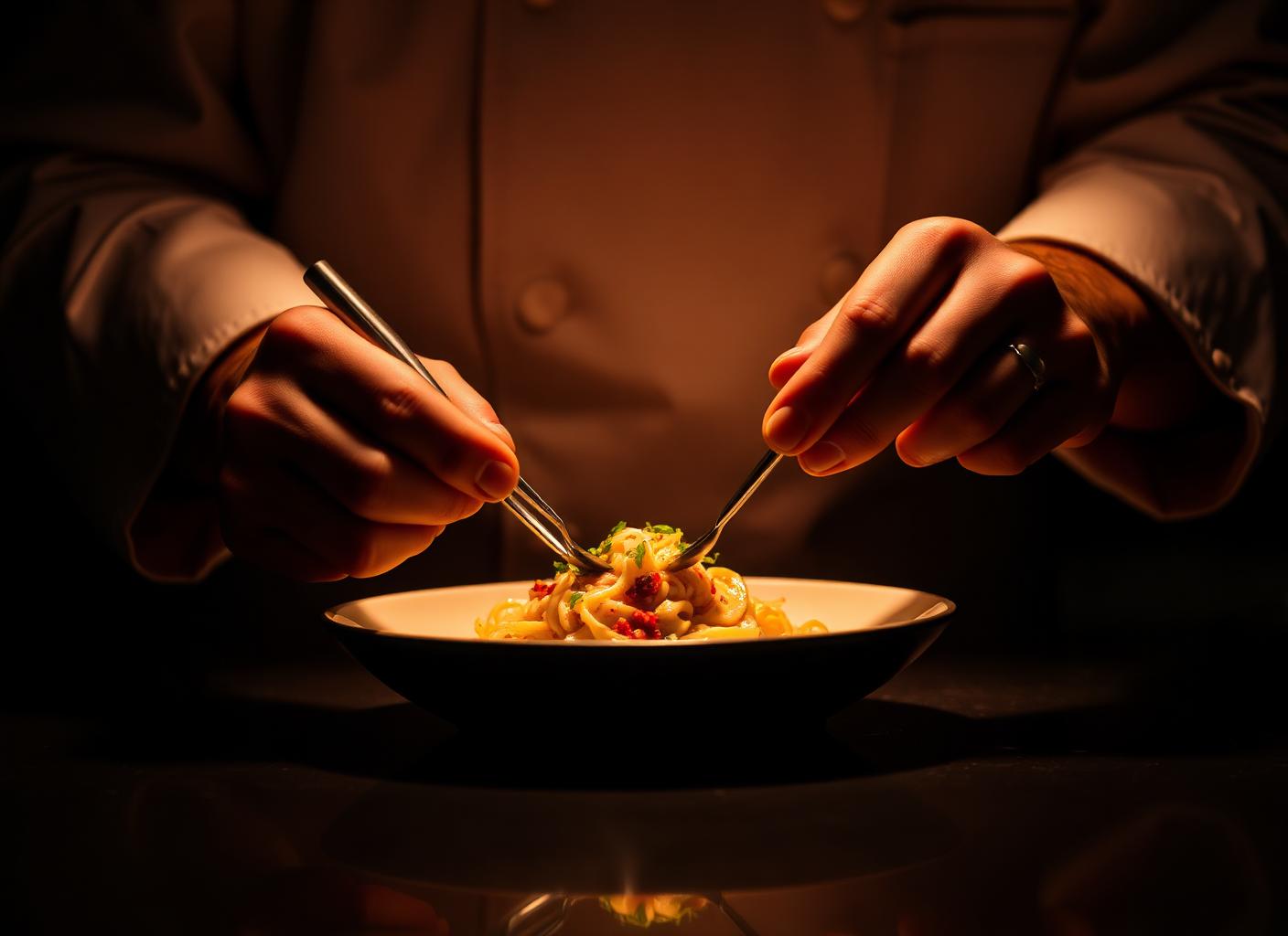 Chef dressant une assiette au passe