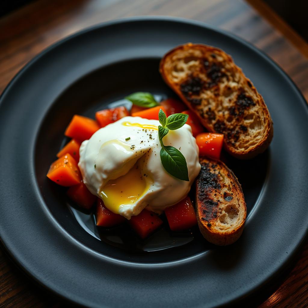 Burrata fumée — Tomates confites, basilic, huile pimentée, pain grillé.