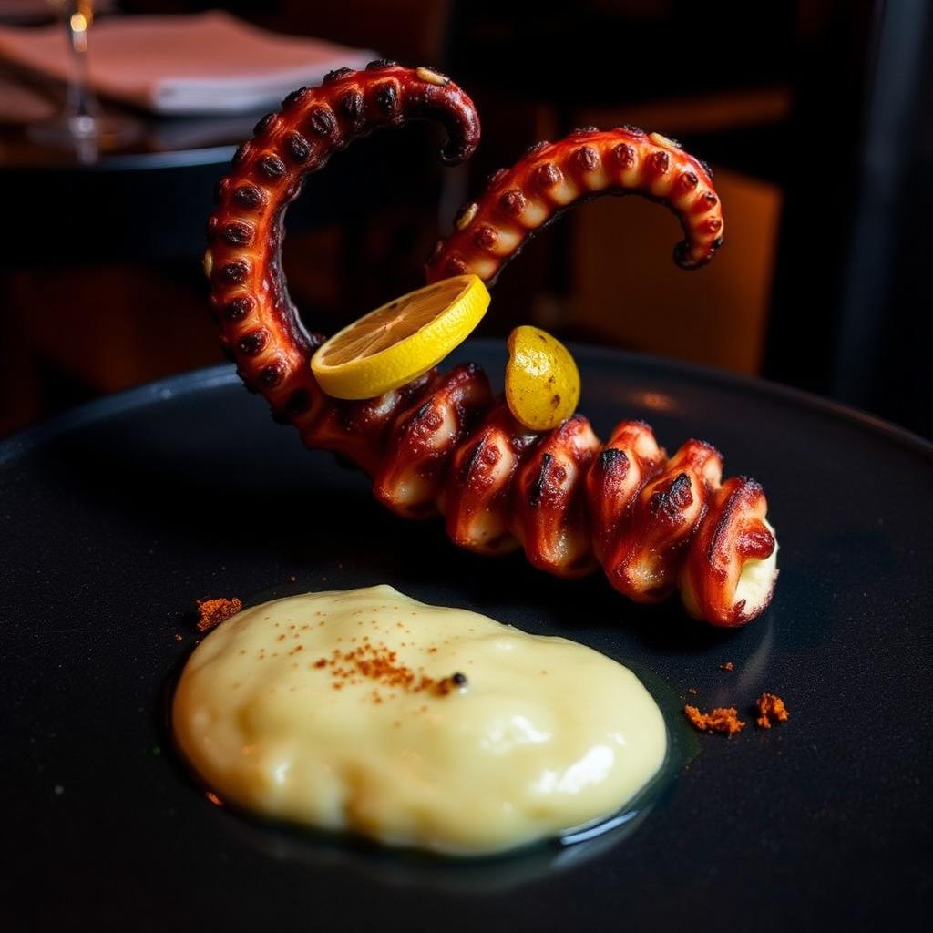 Pieuvre grillée — Pommes de terre rôties, paprika fumé, citron, herbes fraîches.