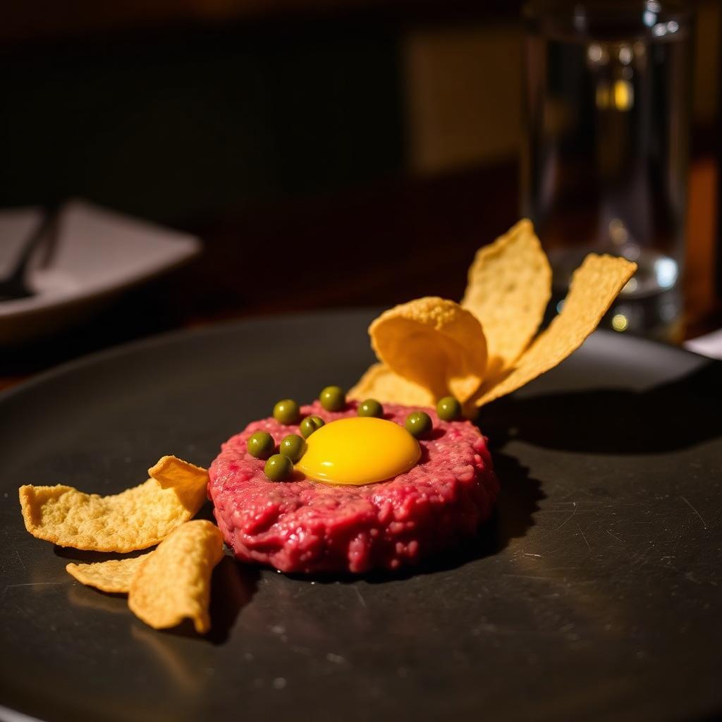 Tartare de bœuf — Câpres croustillantes, échalotes, moutarde ancienne, pommes allumettes.