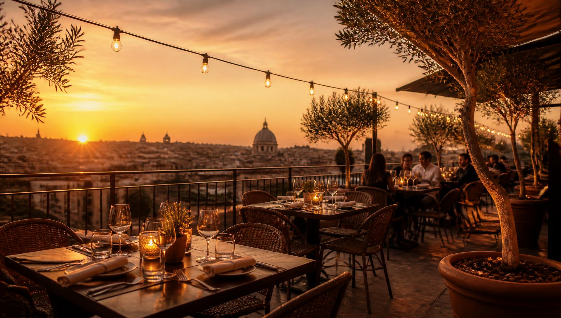 Vue panoramique de la terrasse au coucher du soleil